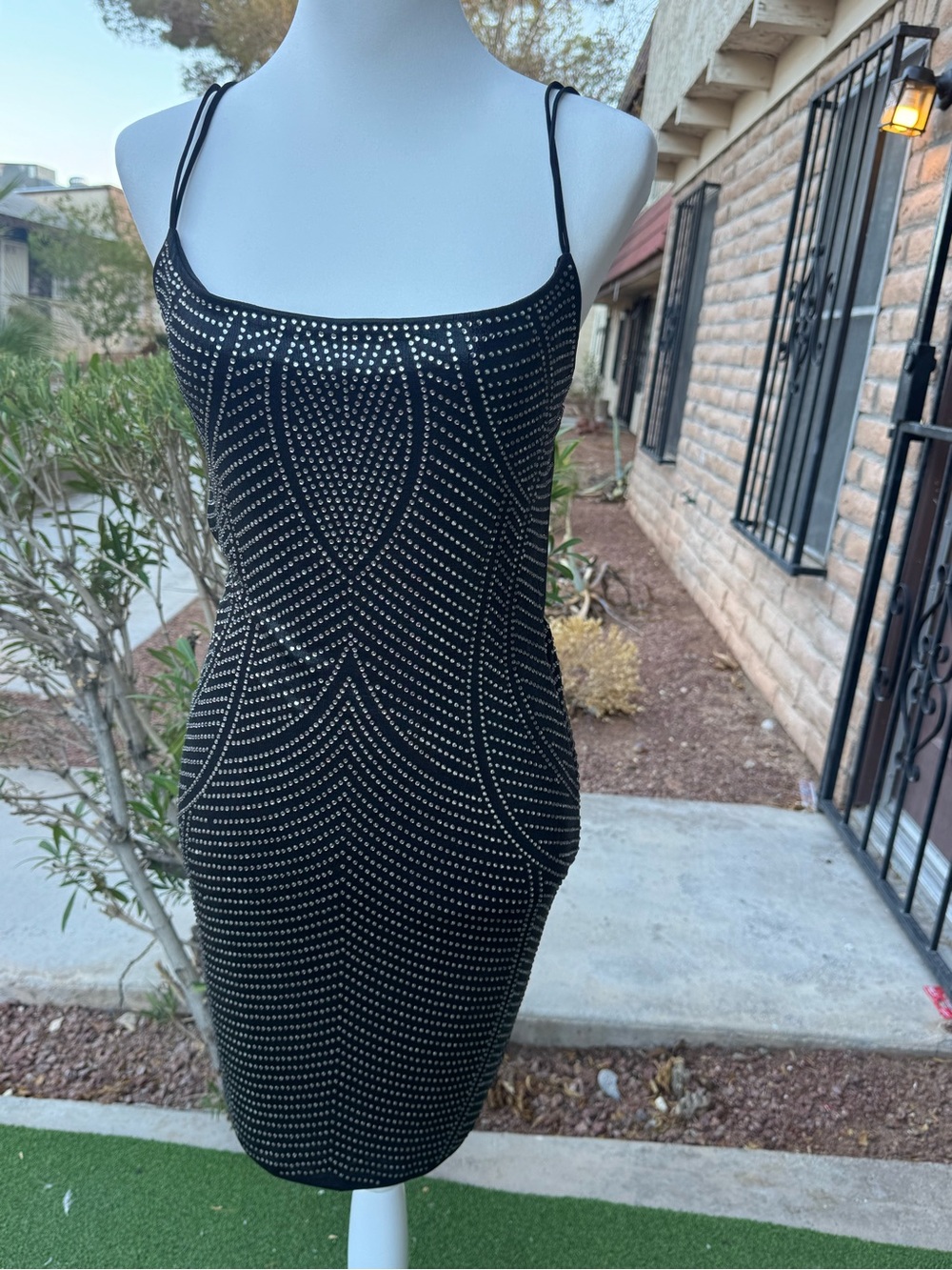 Black Embellished Spaghetti-Strap Mini Dress